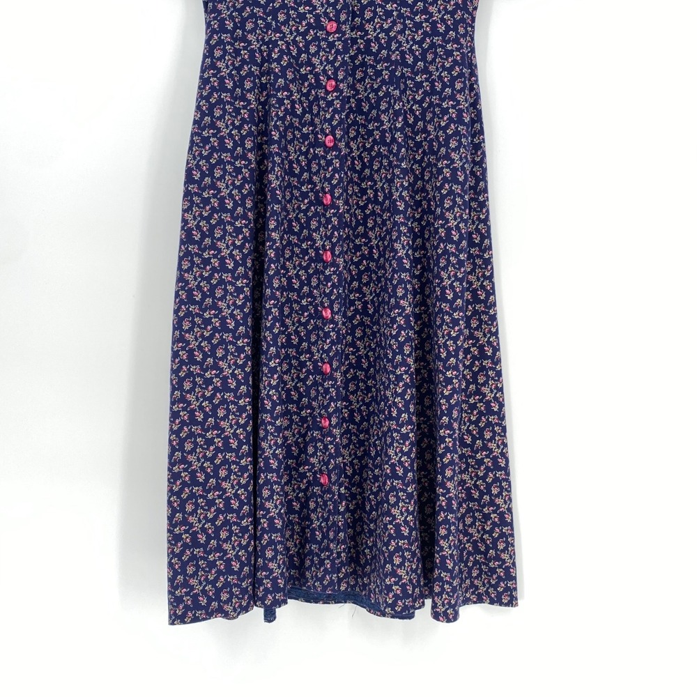 Vintage Navy Blue Pink Floral Midi Dress S Cottage Prairie Button Puff Sleeve - Picture 10 of 15